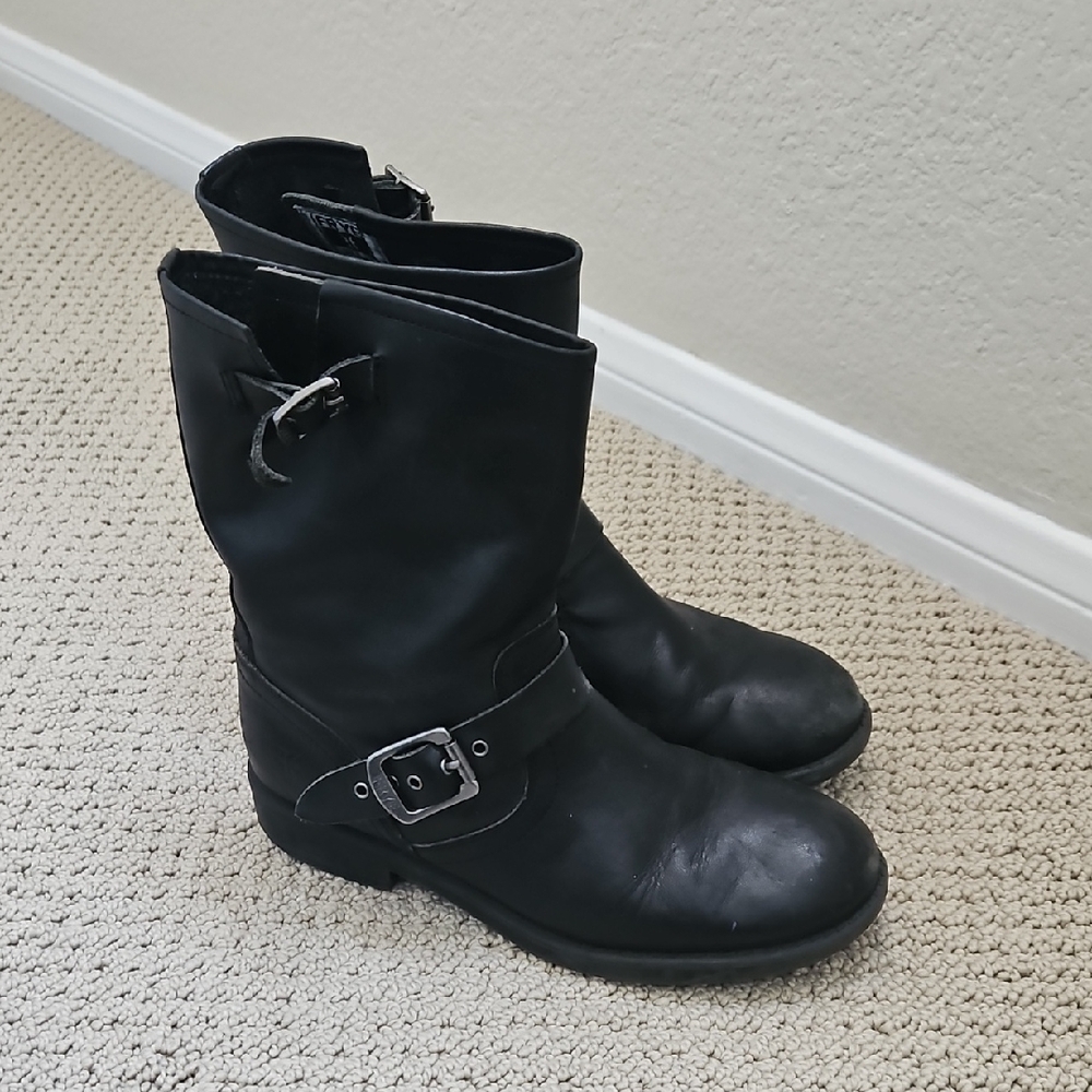 Frye Black Leather Mid-Calf Buckle Boots - Picture 1 of 7